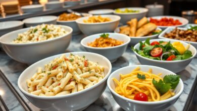 Acompanhamentos Para Macarrão Para 50 Pessoas: Guia Prático 43 Mesa de buffet organizada com diversos acompanhamentos coloridos e apetitosos.
