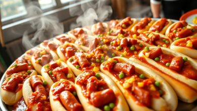 Cachorro-quente Para 50 Pessoas: Receita Econômica E Fácil 44 Travessa farta com pães de leite recheados com molho de salsicha, milho e ervilha