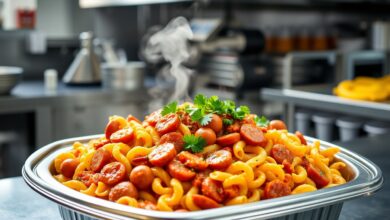 Macarrão Com Salsicha Para 50 Pessoas: Receita Econômica 40 Travessa industrial repleta de macarrão parafuso ao molho de tomate com salsichas.