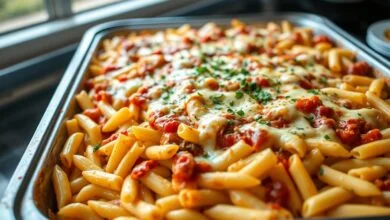 Macarrão De Forno Para 50 Pessoas: Receita Cremosa E Fácil 40 Travessa industrial gigante com macarrão penne mergulhado em molho bolonhesa e coberto com queijo derretido dourado.