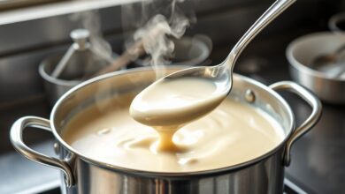 Molho Branco Para 50 Pessoas: Receita Profissional E Cremosa 41 Caldeirão industrial com molho branco espesso e sedoso sendo mexido
