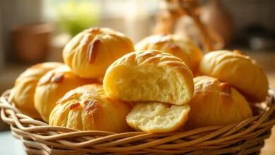 Pão De Queijo De Liquidificador: Receita Fácil E Fofinha 42 Pães de queijo dourados e fofinhos servidos em uma cesta de vime