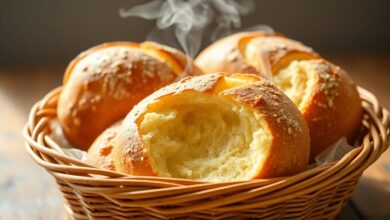 Pão De Queijo Com Ovo: Receita Tradicional Fofinha E Fácil 43 Pães de queijo dourados empilhados em uma cesta de vime