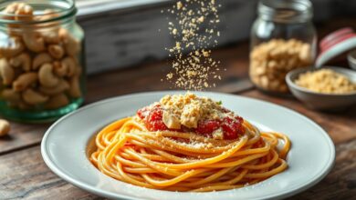 Queijo Ralado Vegano: Receita Fácil Pronta Em 5 Minutos 38 Queijo vegetal granulado servido sobre um prato de massa italiana