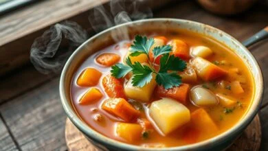 Como Consertar Sopa Salgada: 4 Truques Infalíveis E Rápidos 49 Sopa de legumes colorida em uma tigela rústica com vapor saindo
