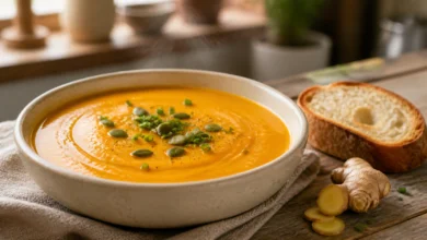 Creme de Abóbora com Gengibre: Cremoso em 35 Minutos 43 Creme de abóbora com gengibre em tigela, decorado com sementes e ervas